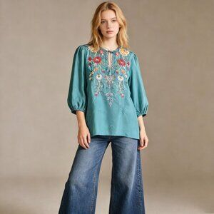 NWOT Johnny Was Taryn Silk Floral Embroidered Top Shirt Blouse Blue Size S